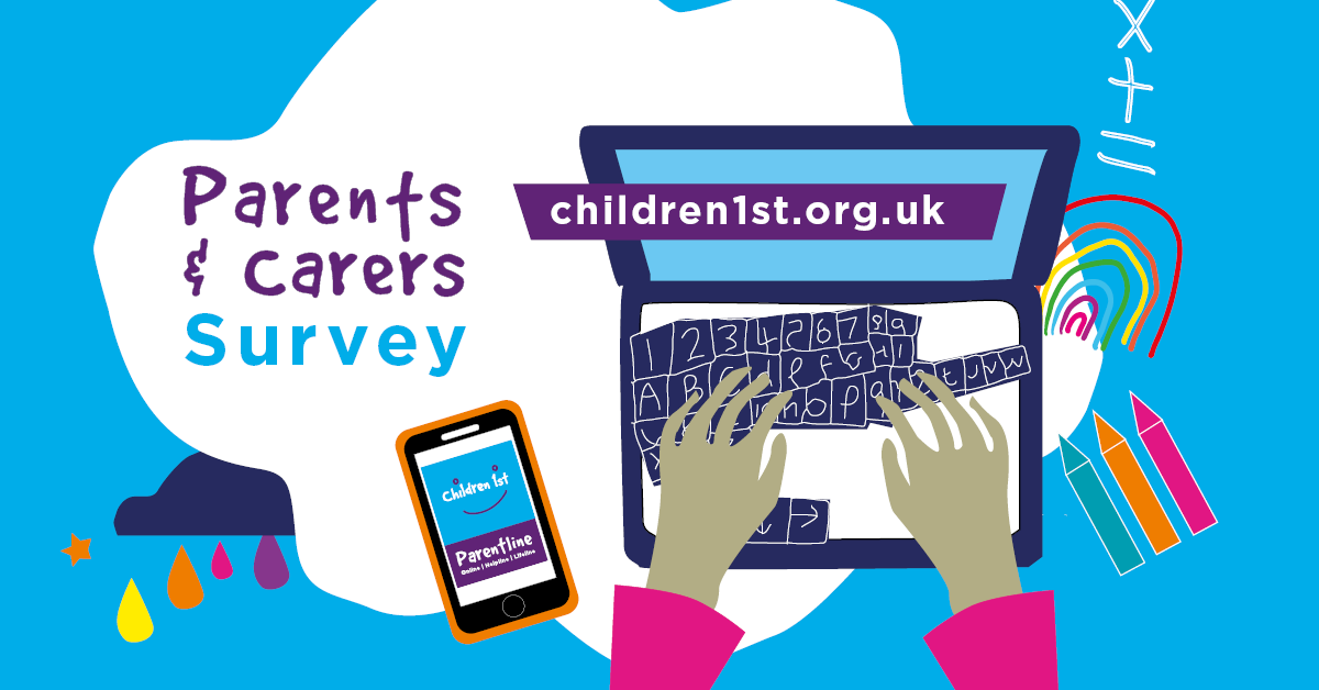 Graphic of parent with a computer and weblink: children1st.org.uk